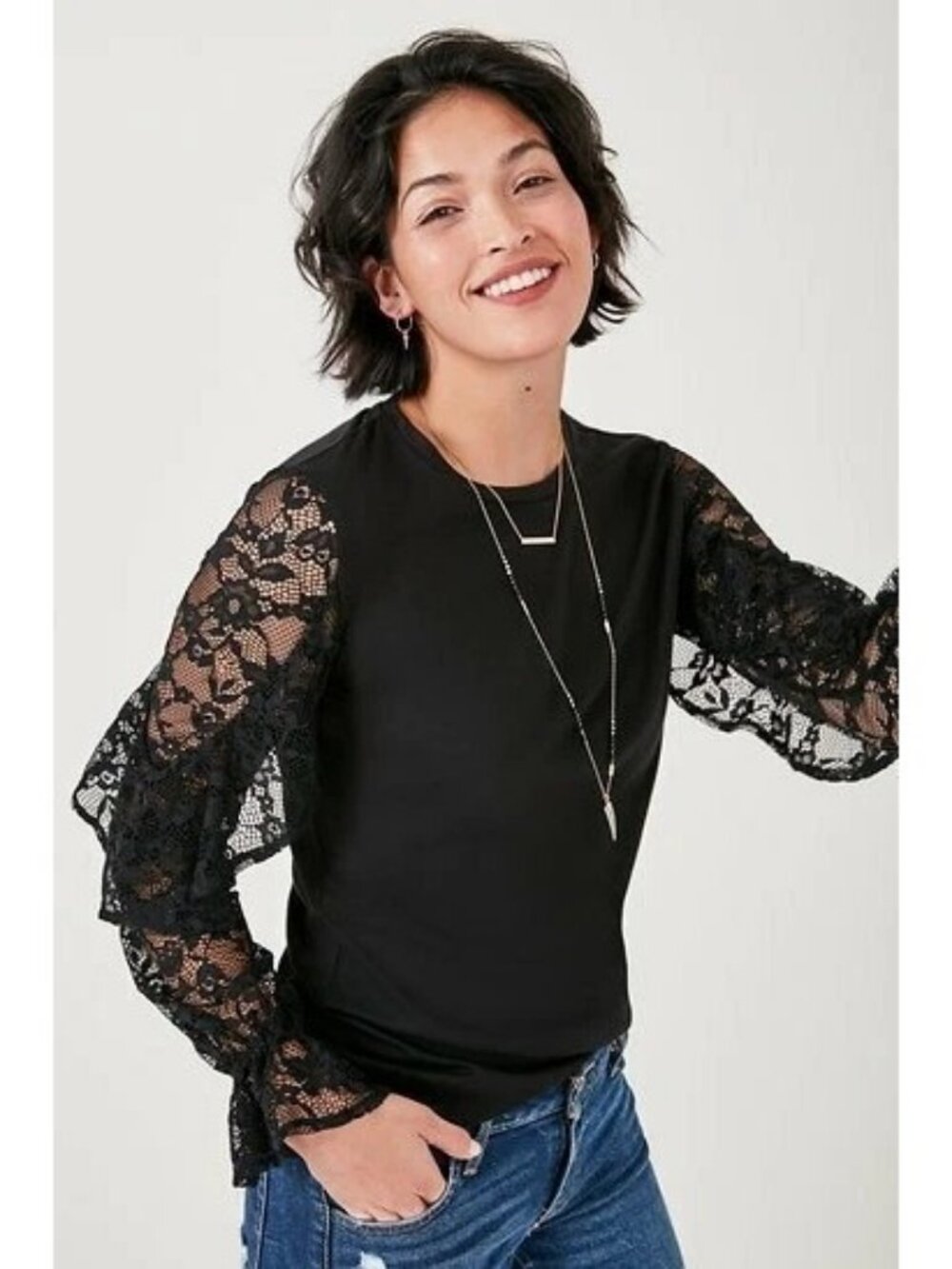Black Ruffle Lace Bell Sleeve Top Womens M Whimsigoth Dark Romantic 90s Y2K